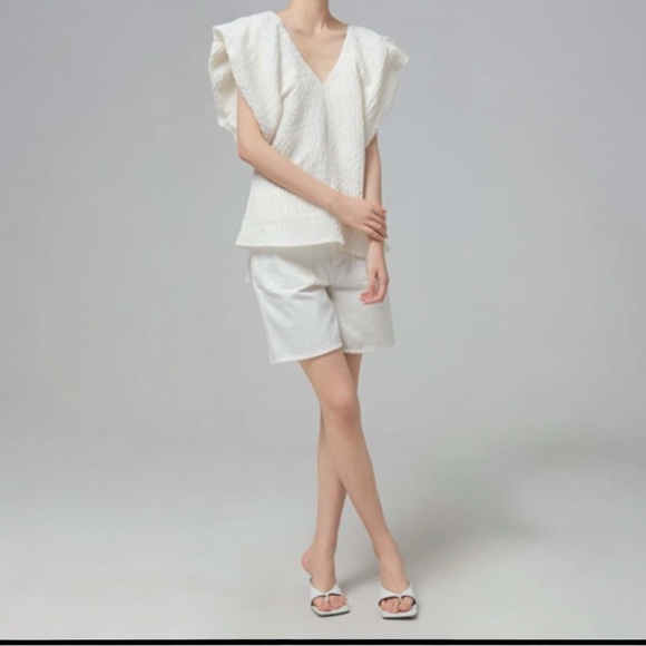 CO Avery Linen Crepe Pleated Cap Sleeve Textured Jacquard V Neck Blouse Top NEW - Picture 4 of 16